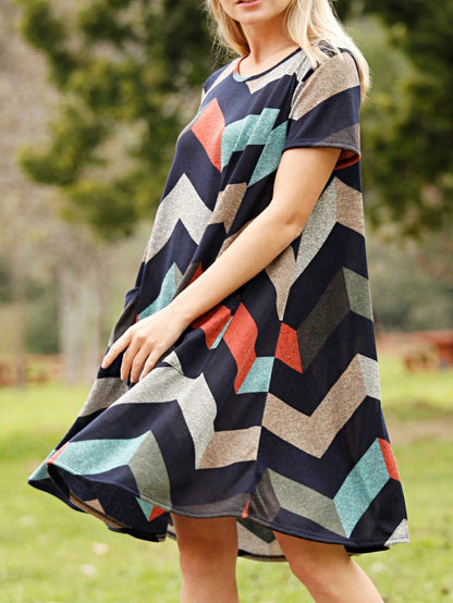 Boho Retro Light Blue Stripe Floral Aline Swing  Dress With Chest Pocket