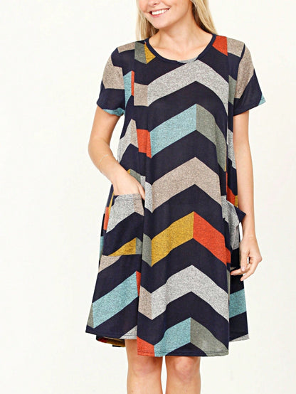 Boho Retro Light Blue Stripe Floral Aline Swing  Dress With Chest Pocket