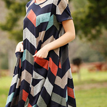 Boho Retro Light Blue Stripe Floral Aline Swing  Dress With Chest Pocket