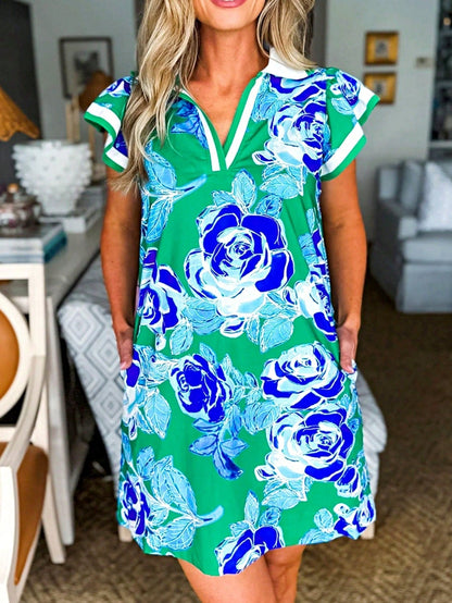Boho Retro Sage Green  Solid Frilled Seam Round Neck T Shirt Elegant Classic  Shirred Ruffle Puff Versatile  Mini Dress For Women
