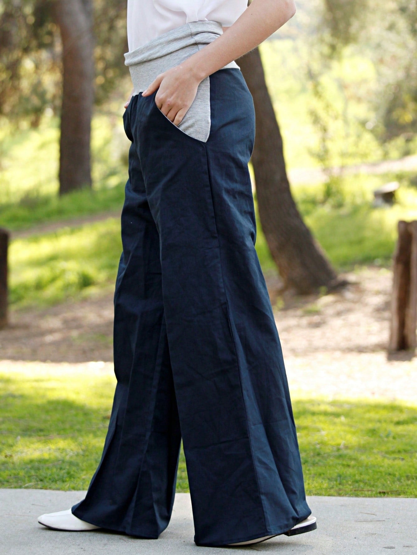 Boho Solid Fold Over Lounge Pants  Plain Bermuda Midi Casual Linen With Pocket Pants