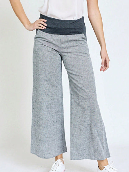 Boho Solid Fold Over Lounge Pants  Plain Bermuda Midi Casual Linen With Pocket Pants