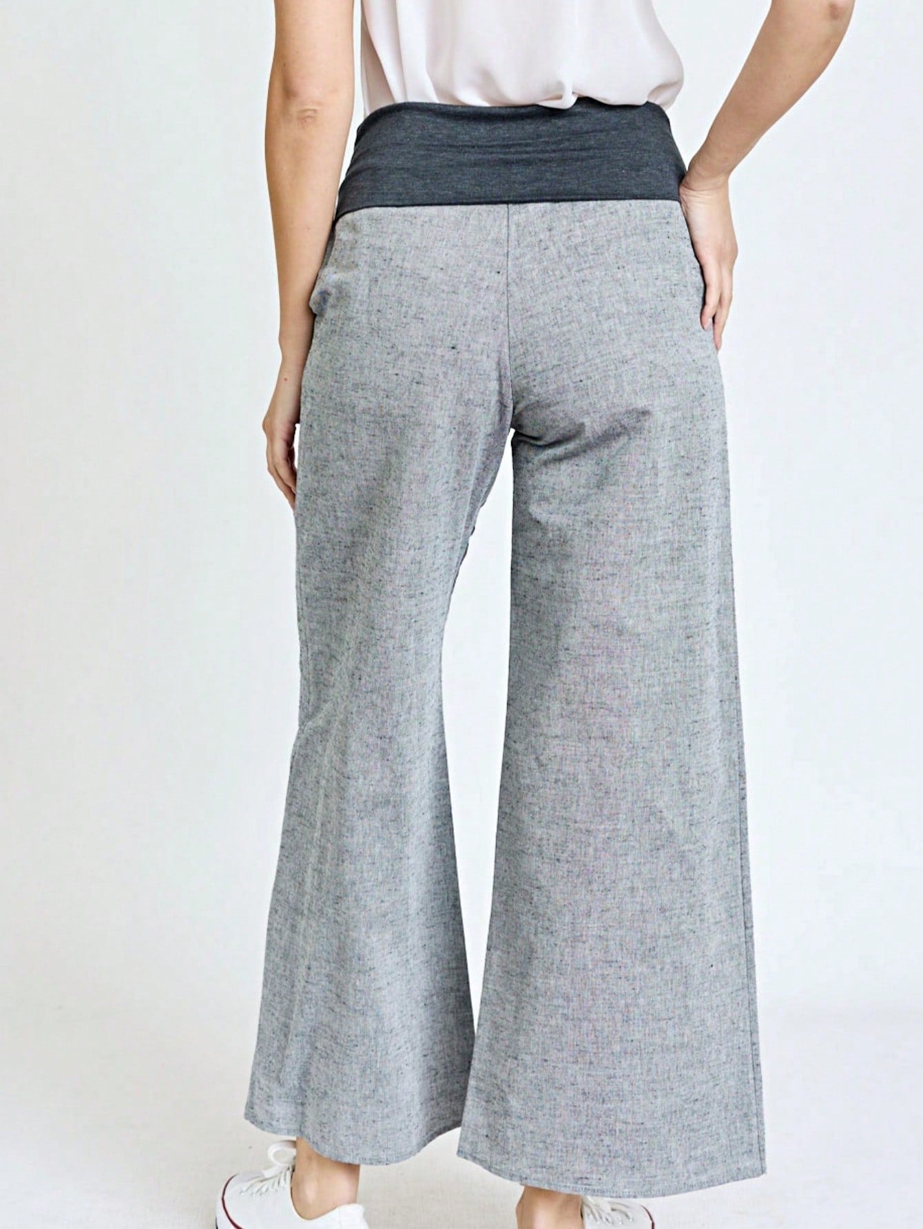 Boho Solid Fold Over Lounge Pants  Plain Bermuda Midi Casual Linen With Pocket Pants