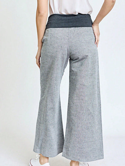Boho Solid Fold Over Lounge Pants  Plain Bermuda Midi Casual Linen With Pocket Pants