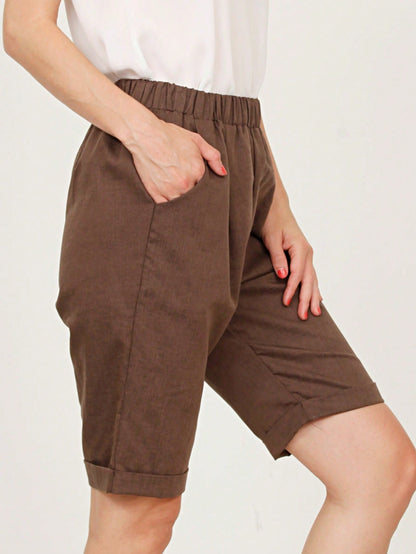 Boho Solid Fold Over Lounge Pants  Plain Bermuda Midi Casual Linen With Pocket Pants