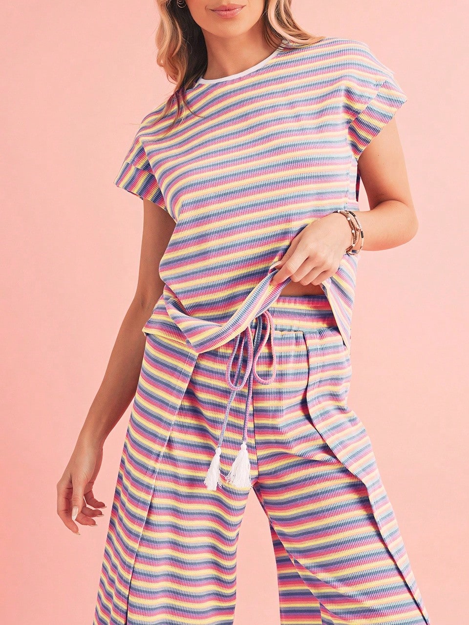 Boho Retro 90's Cotton Stripe Button Drop Shoulder Dolman Henley Top & Pants Shorts Set