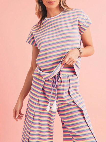 Boho Retro 90's Cotton Stripe Button Drop Shoulder Dolman Henley Top & Pants Shorts Set