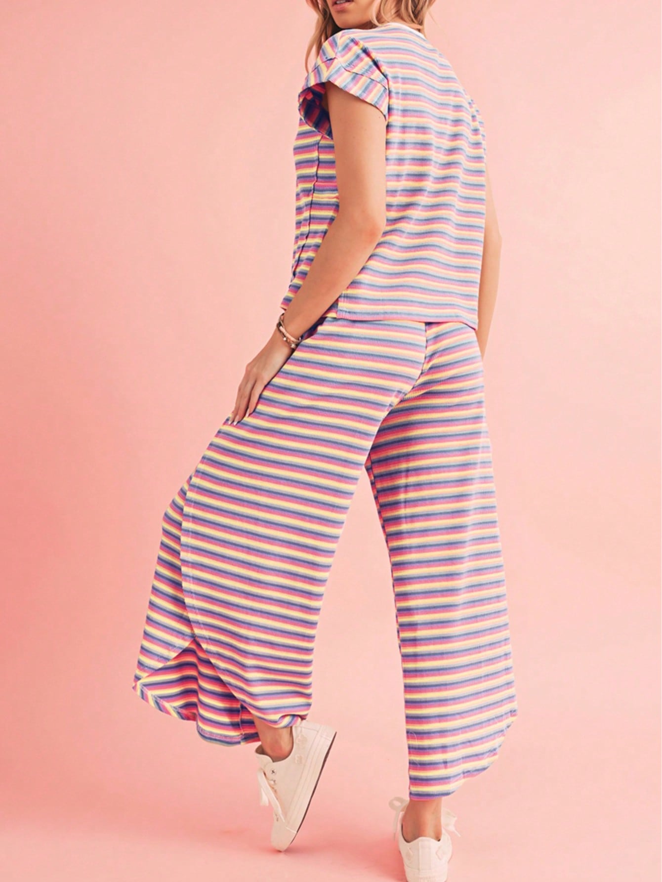 Boho Retro 90's Cotton Stripe Button Drop Shoulder Dolman Henley Top & Pants Shorts Set
