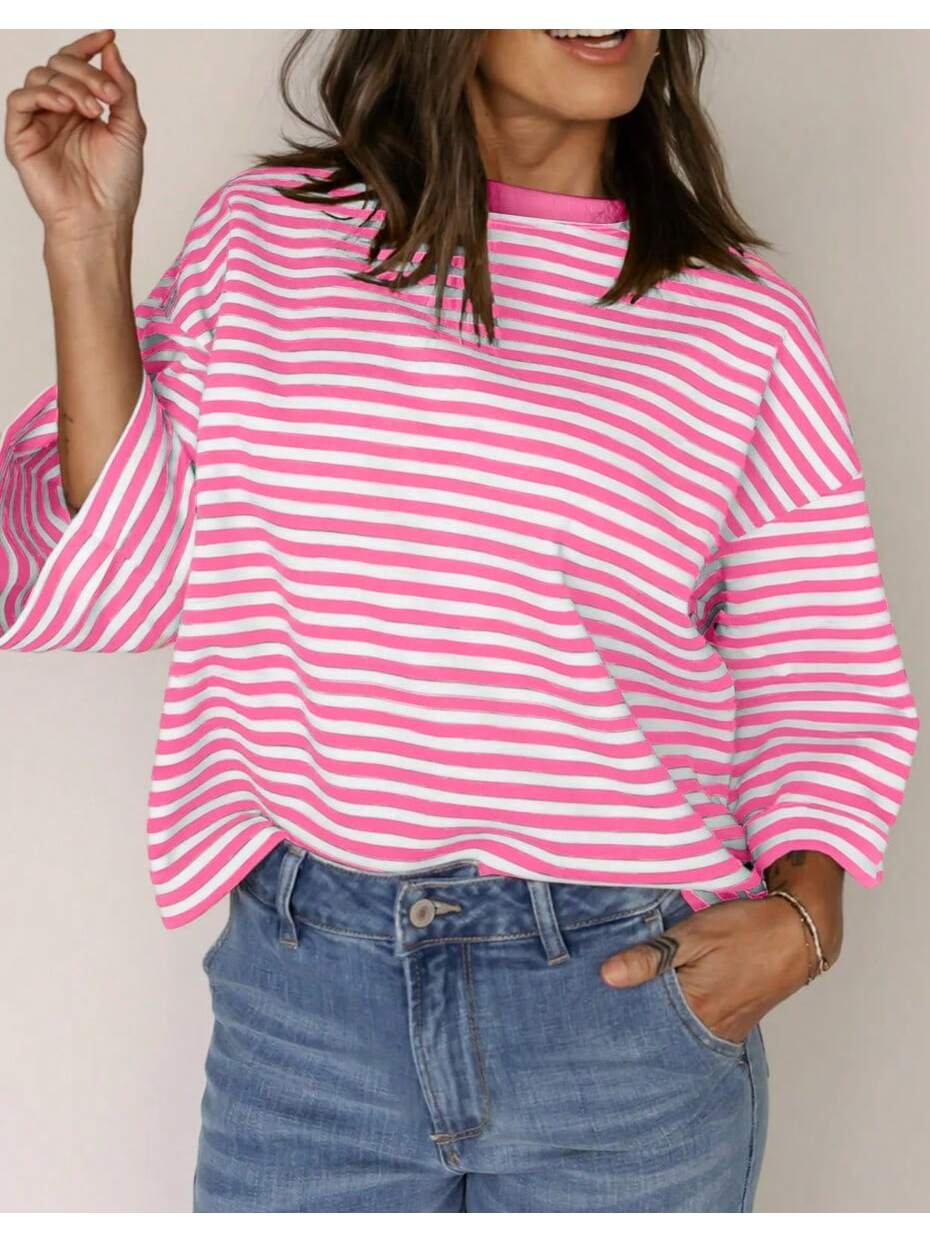 Boho Retro 90's Cotton Mix  Drop Shoulder Stripe Raglan Oversized Side Slit Dolman Shirt Top  Sweatshirt Pullover