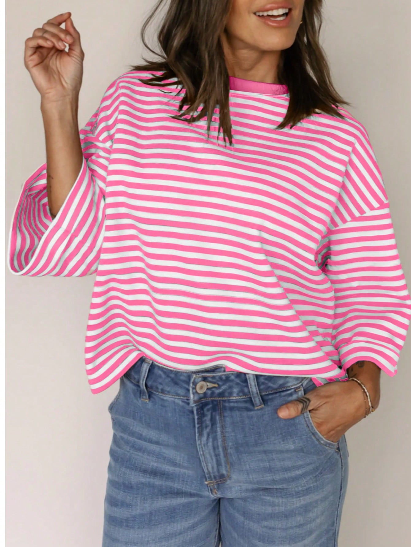 Boho Retro 90's Cotton Mix  Drop Shoulder Stripe Raglan Oversized Side Slit Dolman Shirt Top  Sweatshirt Pullover