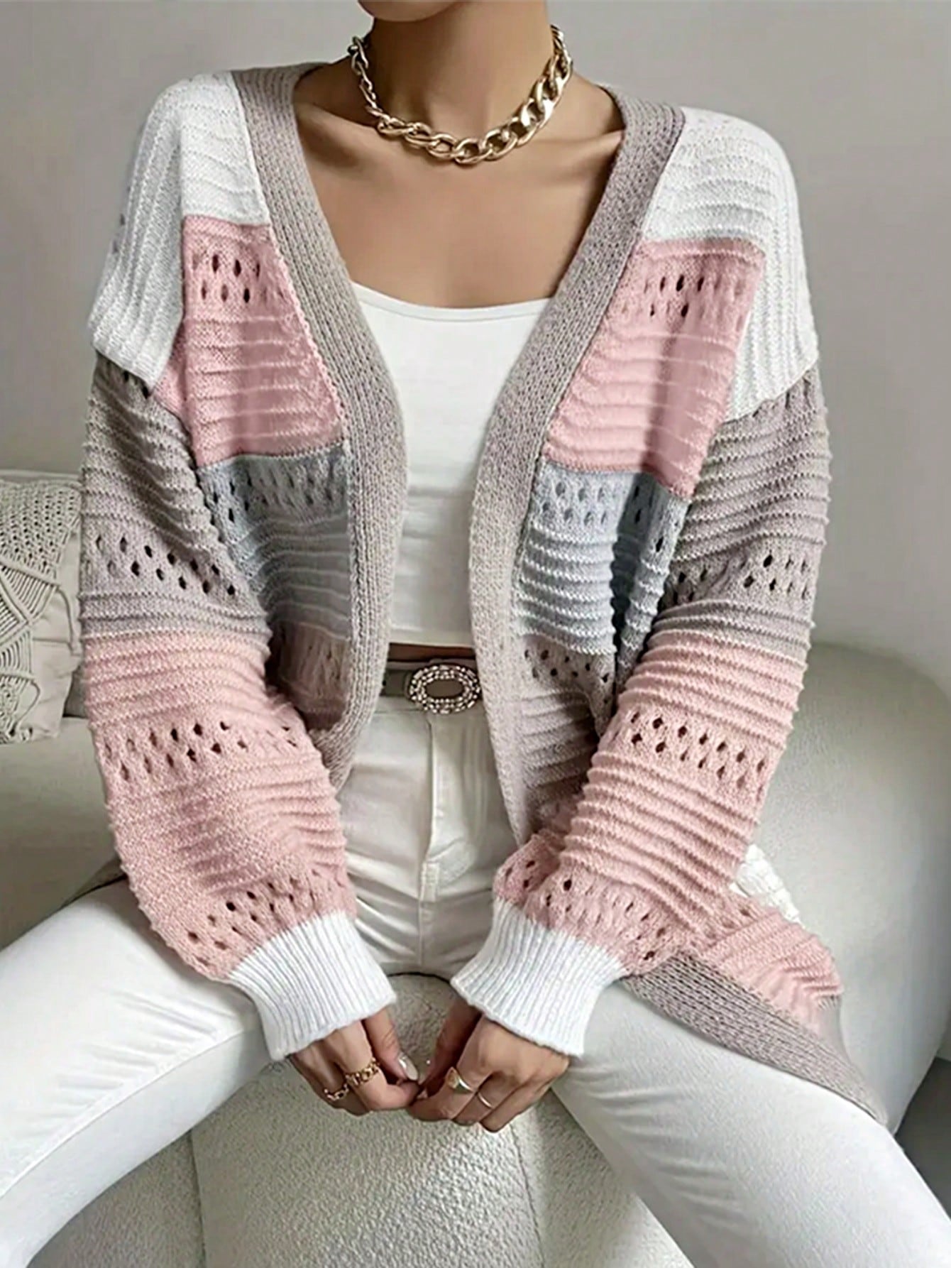 Boho Retro Crochet Knit Hollow Light Weight Beige Ivory Stripe Batwing Sleeve Oversized Boyfriend Cardigan