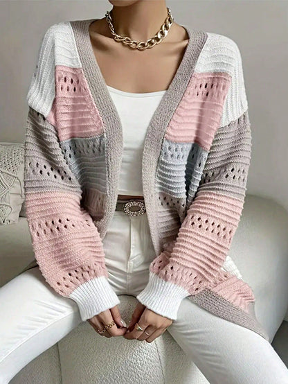 Boho Retro Crochet Knit Hollow Light Weight Beige Ivory Stripe Batwing Sleeve Oversized Boyfriend Cardigan