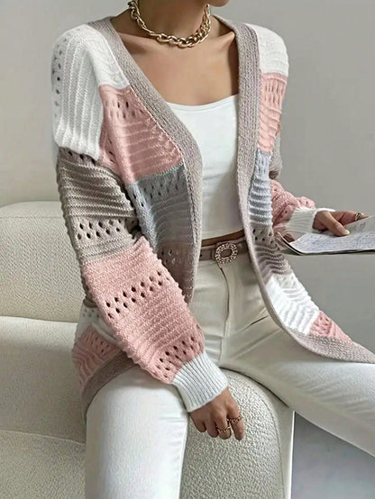 Boho Retro Crochet Knit Hollow Light Weight Beige Ivory Stripe Batwing Sleeve Oversized Boyfriend Cardigan