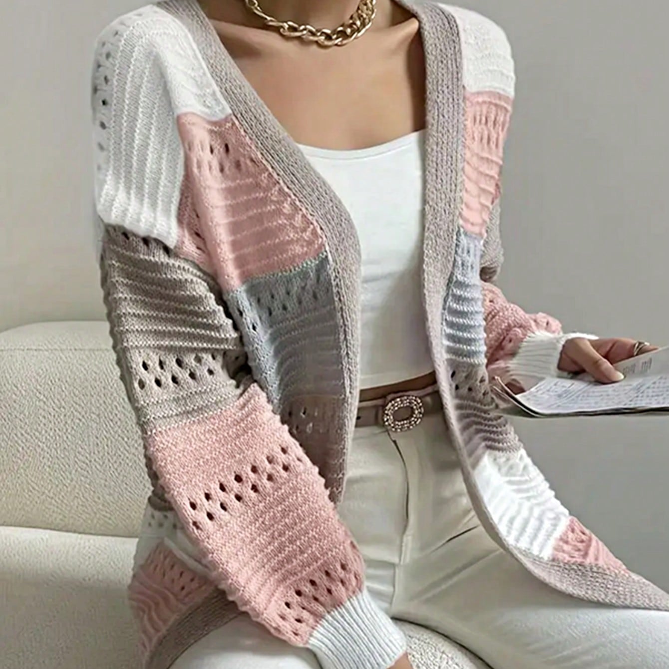 Boho Retro Crochet Knit Hollow Light Weight Beige Ivory Stripe Batwing Sleeve Oversized Boyfriend Cardigan