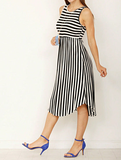 Grey Stripe Ditsy Floral Leaves Tropical  Halter Neck Tie Sash  Ruffle Tiered Midi Dress Swing Southern Cruise Dress | Small -3 XL Plus