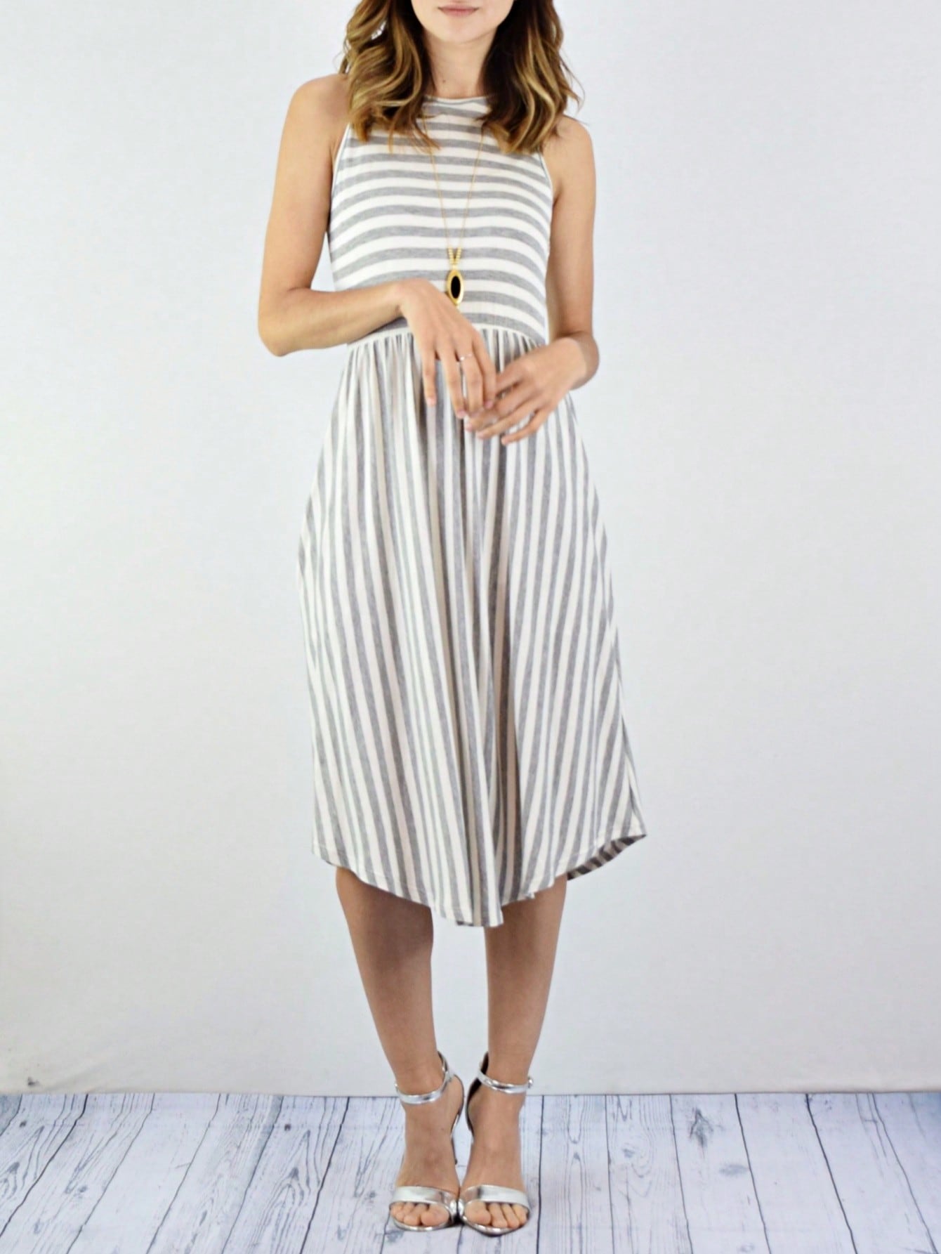 Grey Stripe Ditsy Floral Leaves Tropical  Halter Neck Tie Sash  Ruffle Tiered Midi Dress Swing Southern Cruise Dress | Small -3 XL Plus