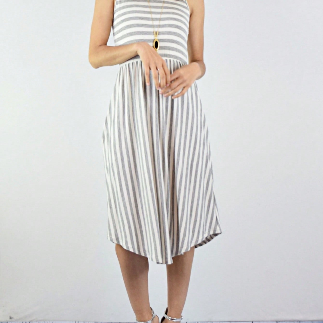 Grey Stripe Ditsy Floral Leaves Tropical  Halter Neck Tie Sash  Ruffle Tiered Midi Dress Swing Southern Cruise Dress | Small -3 XL Plus