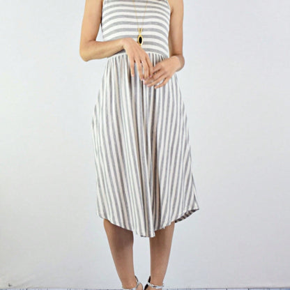 Grey Stripe Ditsy Floral Leaves Tropical  Halter Neck Tie Sash  Ruffle Tiered Midi Dress Swing Southern Cruise Dress | Small -3 XL Plus