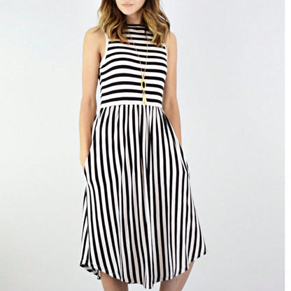 Grey Stripe Ditsy Floral Leaves Tropical  Halter Neck Tie Sash  Ruffle Tiered Midi Dress Swing Southern Cruise Dress | Small -3 XL Plus