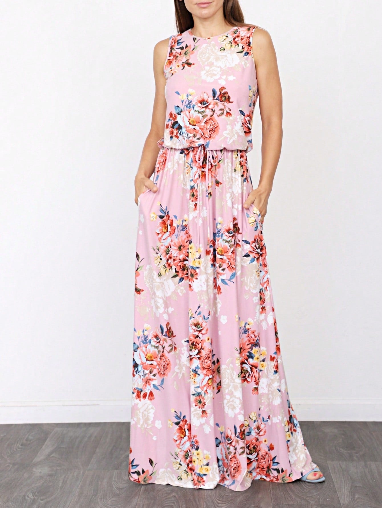 Retro Boho Woven Floral Pink Yellow Maxi Surplice Wrap Sah Dress Front Tie Flutter Sleeve
