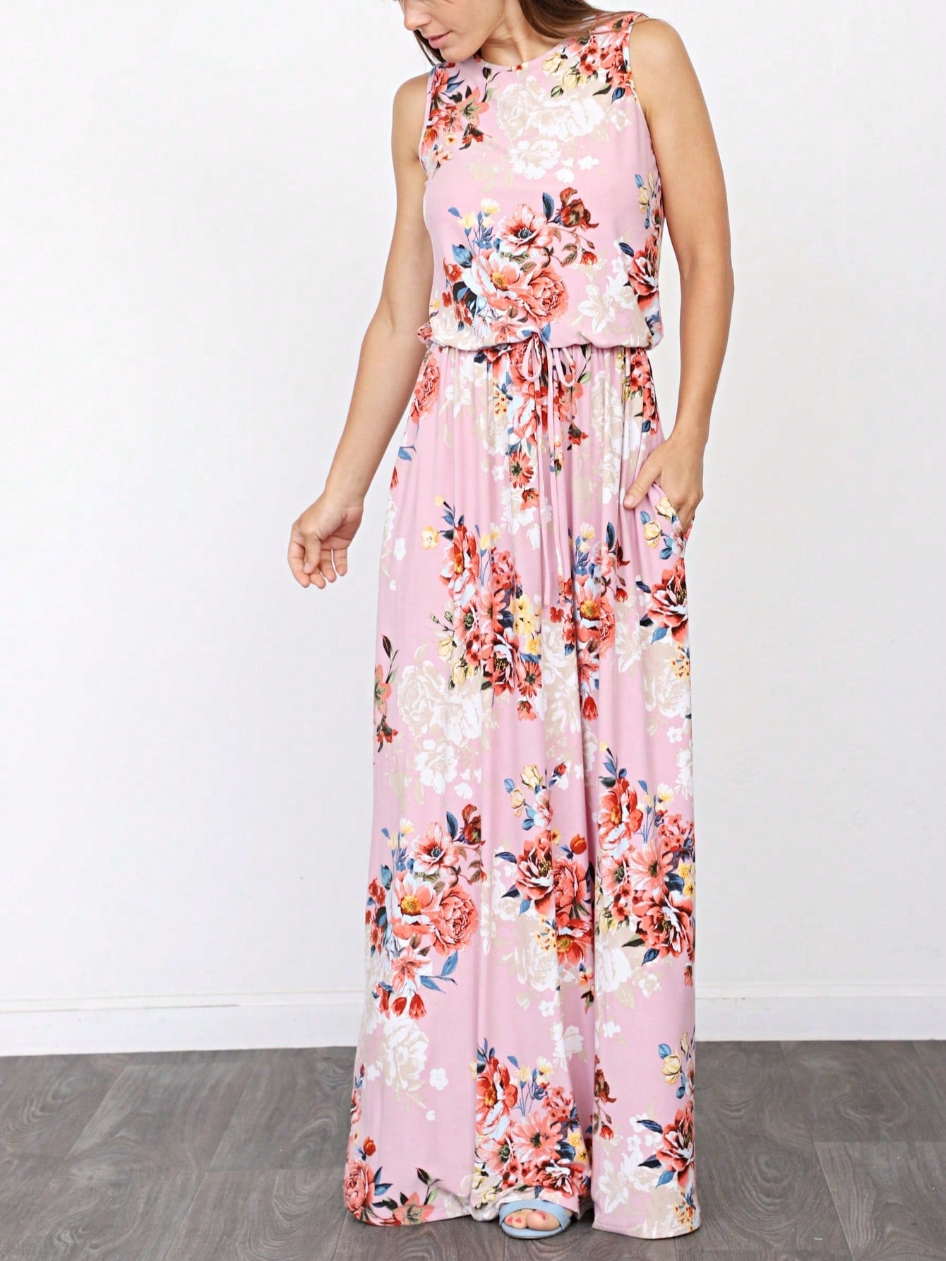 Retro Boho Woven Floral Pink Yellow Maxi Surplice Wrap Sah Dress Front Tie Flutter Sleeve