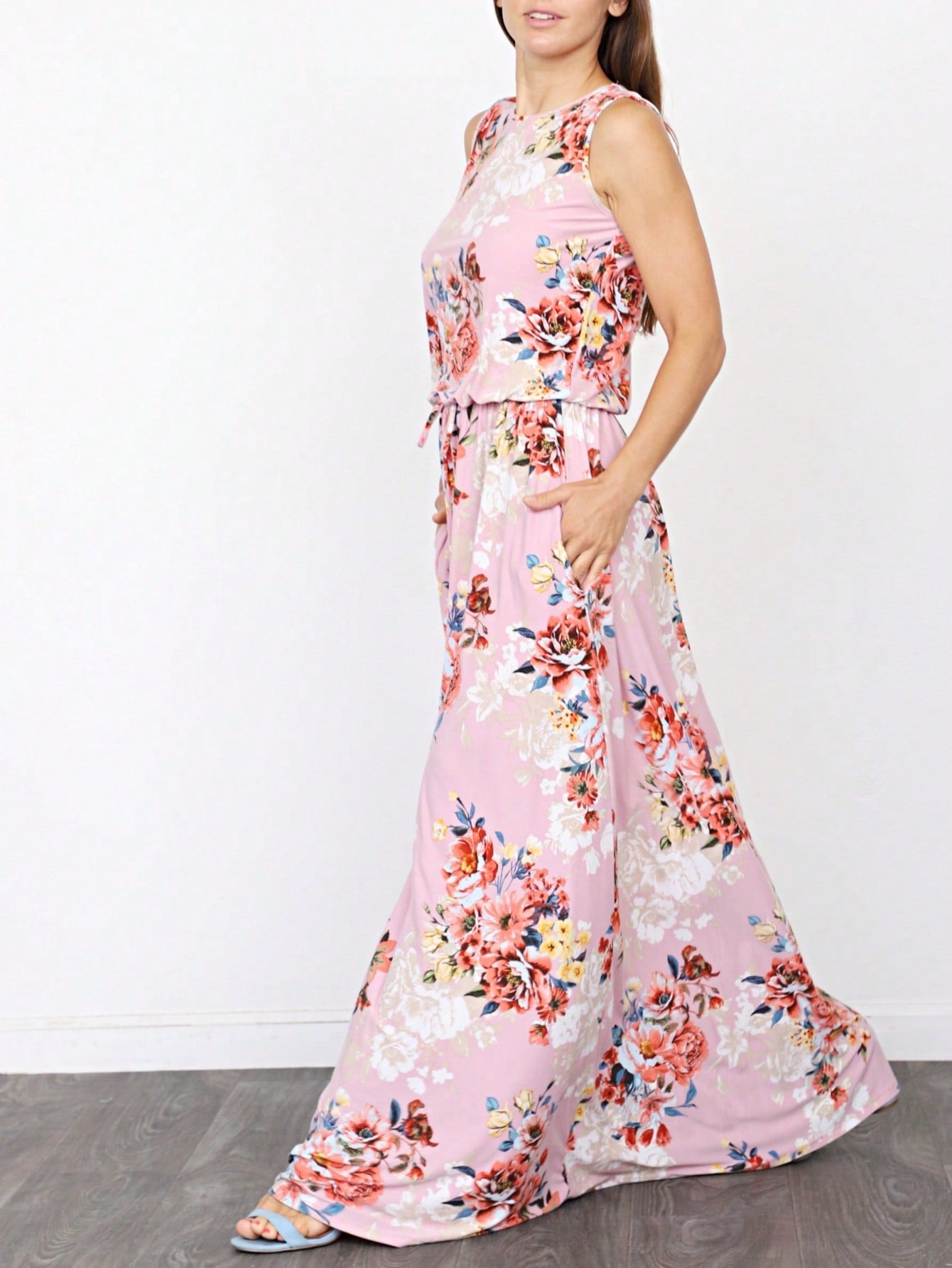 Retro Boho Woven Floral Pink Yellow Maxi Surplice Wrap Sah Dress Front Tie Flutter Sleeve