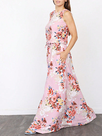 Retro Boho Woven Floral Pink Yellow Maxi Surplice Wrap Sah Dress Front Tie Flutter Sleeve