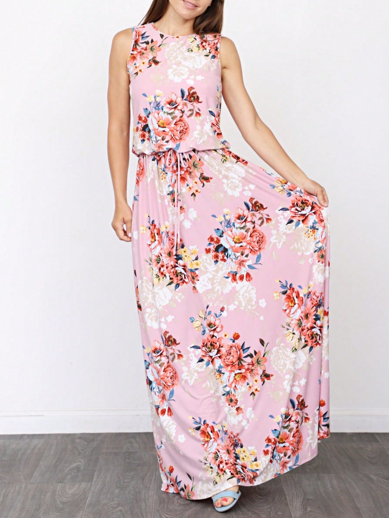 Retro Boho Woven Floral Pink Yellow Maxi Surplice Wrap Sah Dress Front Tie Flutter Sleeve