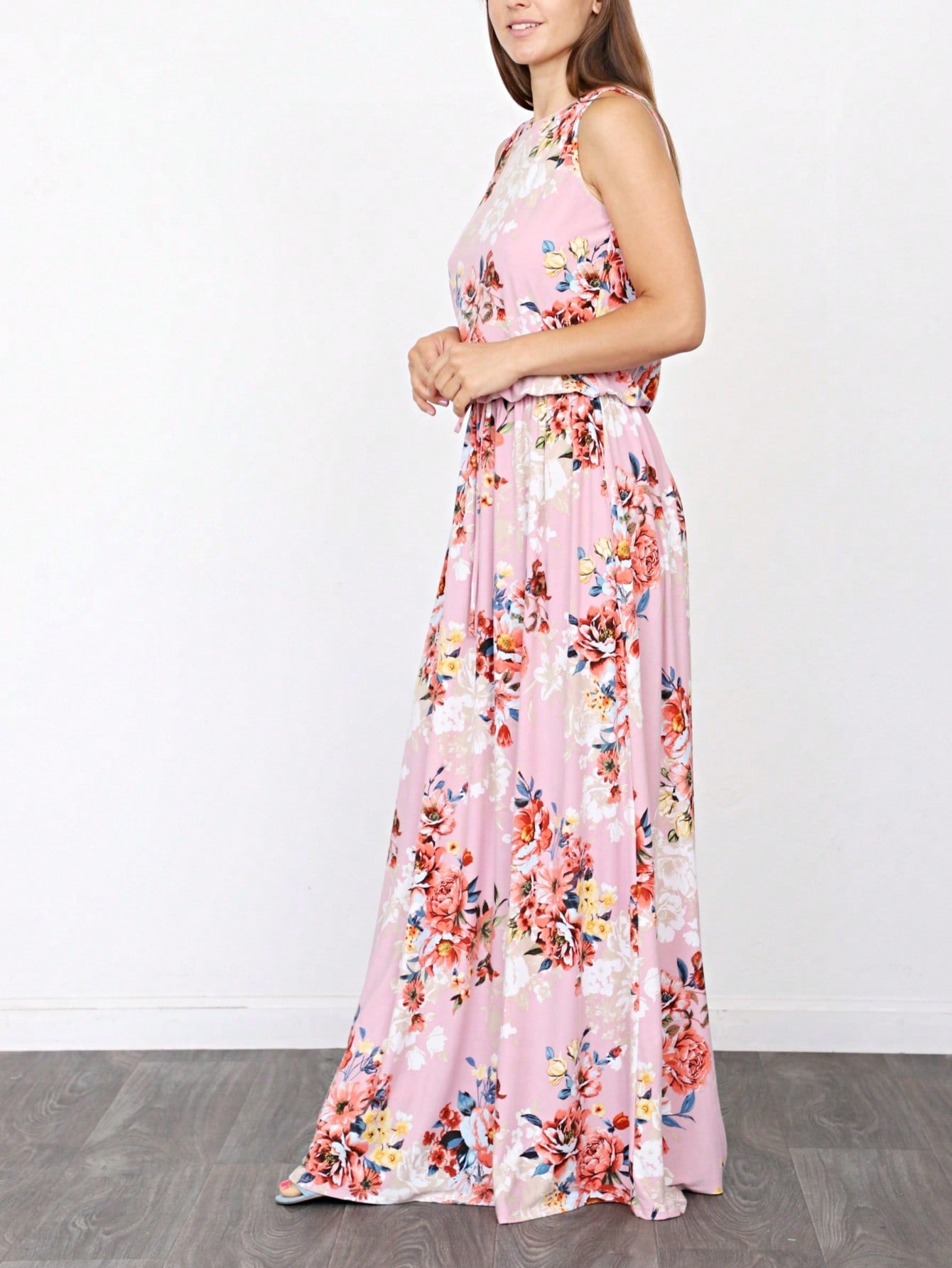 Retro Boho Woven Floral Pink Yellow Maxi Surplice Wrap Sah Dress Front Tie Flutter Sleeve