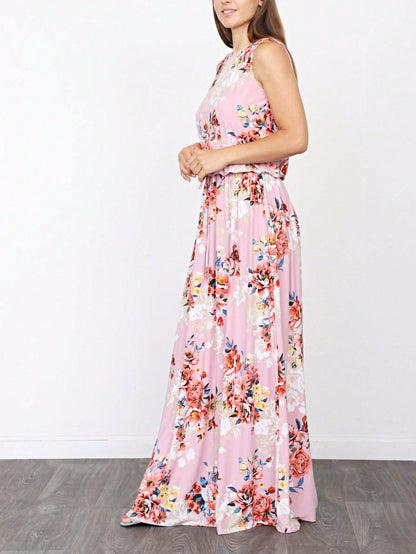 Retro Boho Woven Floral Pink Yellow Maxi Surplice Wrap Sah Dress Front Tie Flutter Sleeve