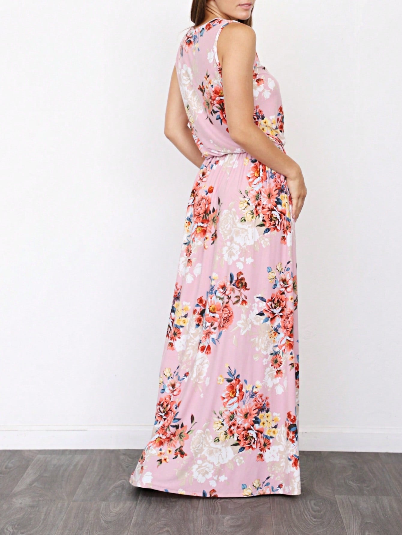 Retro Boho Woven Floral Pink Yellow Maxi Surplice Wrap Sah Dress Front Tie Flutter Sleeve