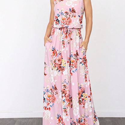 Retro Boho Woven Floral Pink Yellow Maxi Surplice Wrap Sah Dress Front Tie Flutter Sleeve