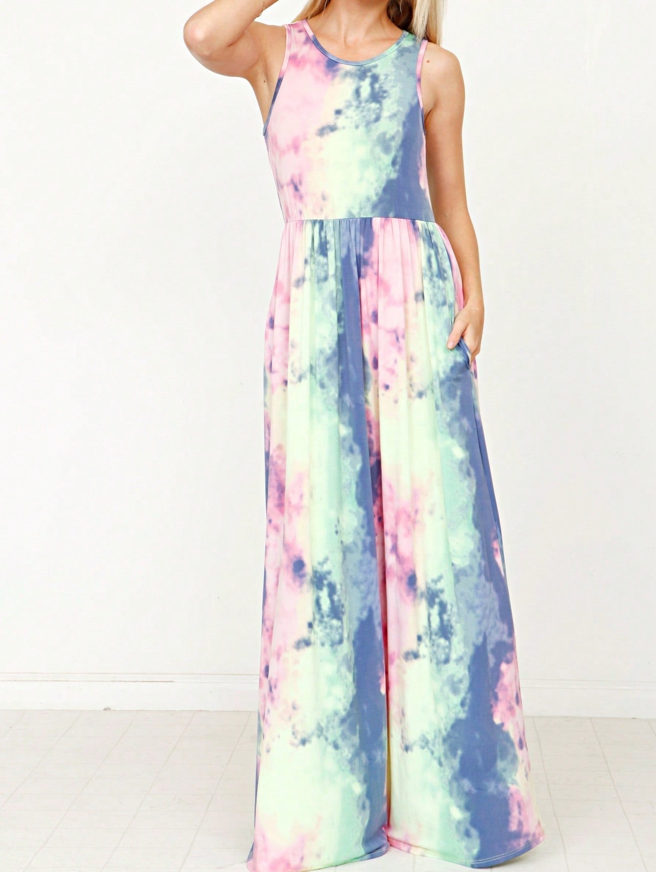 Retro Boho Woven Floral Pink Yellow Maxi Surplice Wrap Sah Dress Front Tie Flutter Sleeve