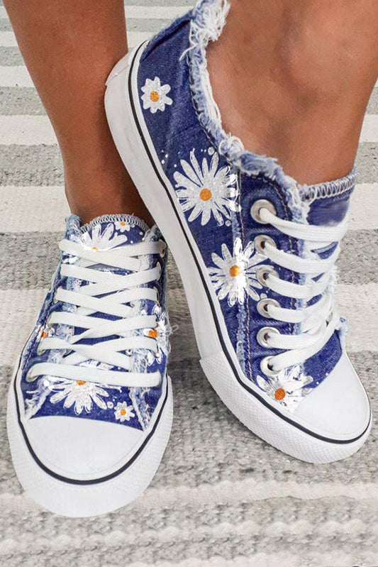 Threaded Pear Sky Blue Frayed Denim Daisy Print Lace-up Shoes