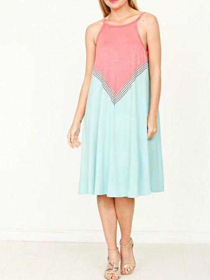 Summer Black Sage Pink Stripe Polka Dot Sleeveless Color Block  Patchwork Print Knee Length Swing Dress Small To 3XL Plus