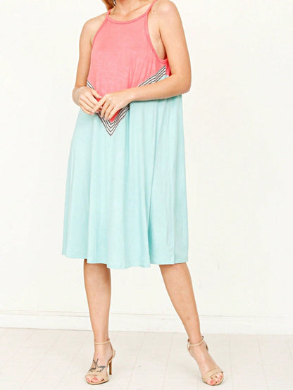 Summer Black Sage Pink Stripe Polka Dot Sleeveless Color Block  Patchwork Print Knee Length Swing Dress Small To 3XL Plus