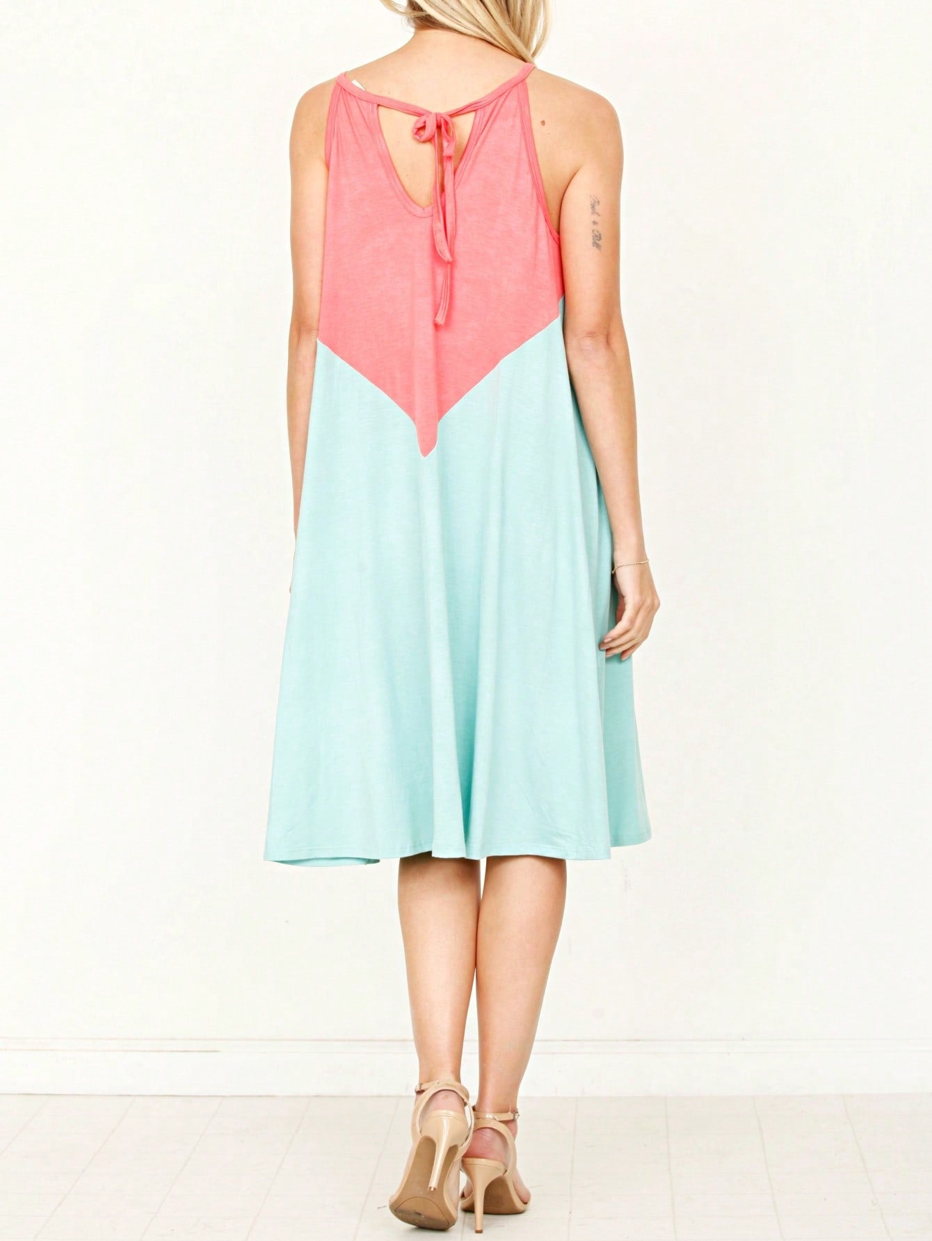 Summer Black Sage Pink Stripe Polka Dot Sleeveless Color Block  Patchwork Print Knee Length Swing Dress Small To 3XL Plus