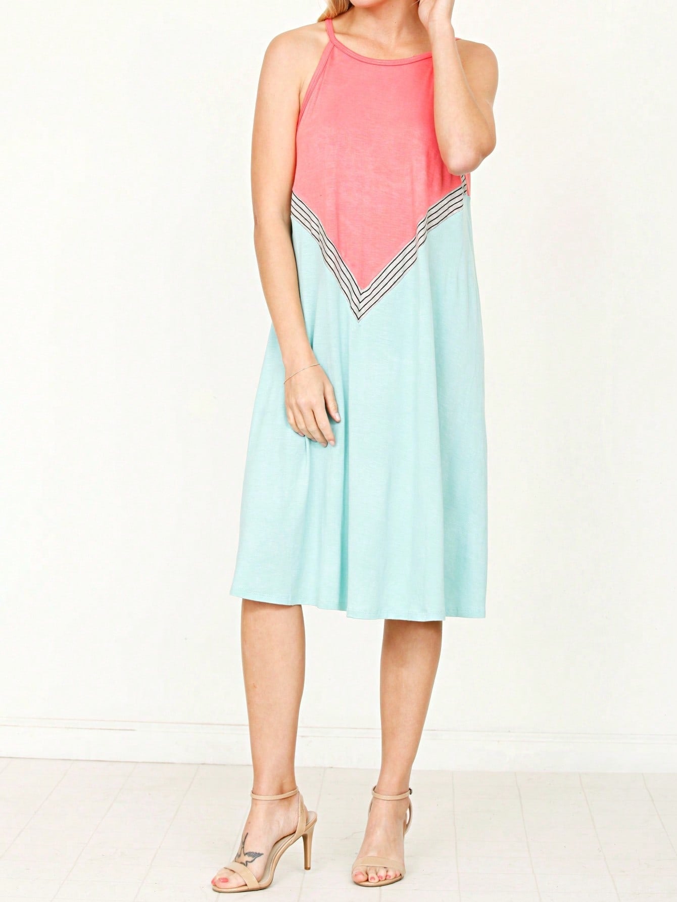 Summer Black Sage Pink Stripe Polka Dot Sleeveless Color Block  Patchwork Print Knee Length Swing Dress Small To 3XL Plus