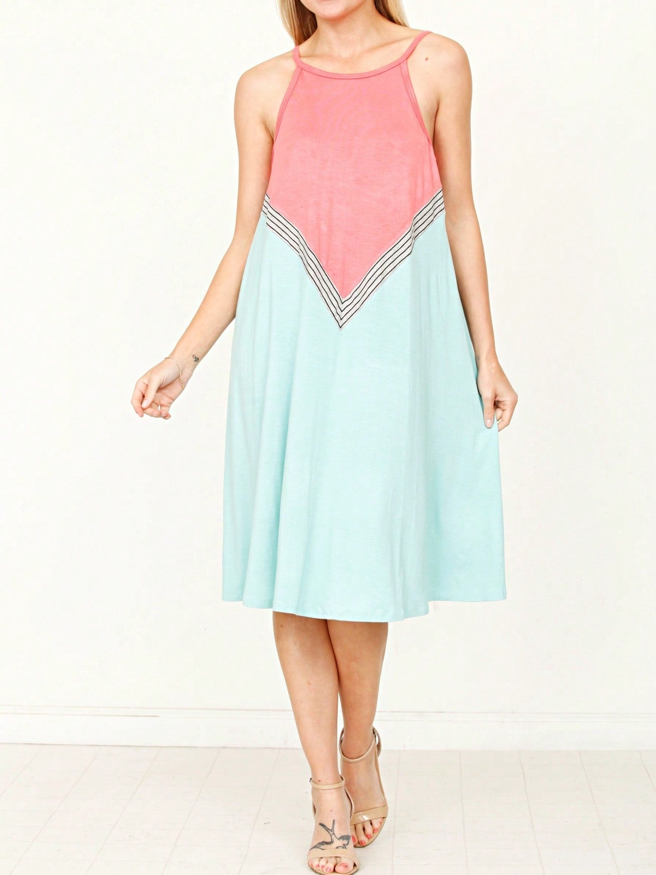 Summer Black Sage Pink Stripe Polka Dot Sleeveless Color Block  Patchwork Print Knee Length Swing Dress Small To 3XL Plus