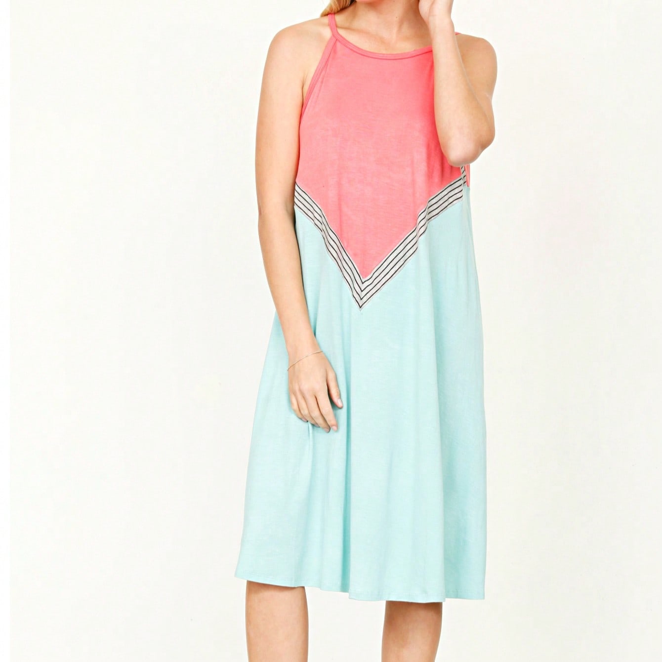 Summer Black Sage Pink Stripe Polka Dot Sleeveless Color Block  Patchwork Print Knee Length Swing Dress Small To 3XL Plus