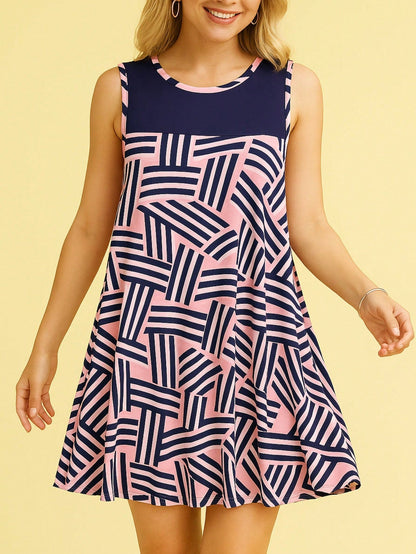 Summer Black Sage Pink Stripe Polka Dot Sleeveless Color Block  Patchwork Print Knee Length Swing Dress Small To 3XL Plus