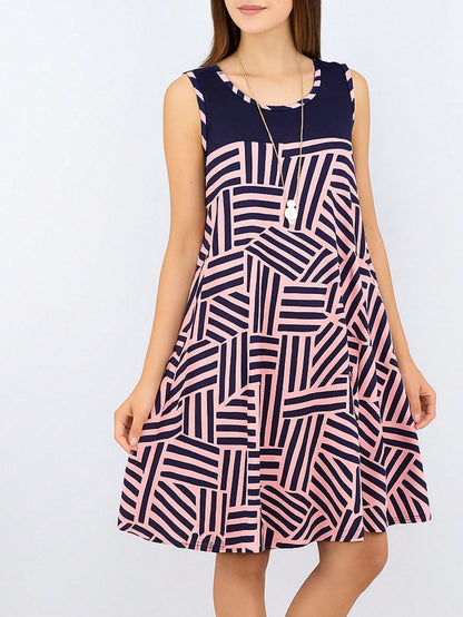 Summer Black Sage Pink Stripe Polka Dot Sleeveless Color Block  Patchwork Print Knee Length Swing Dress Small To 3XL Plus