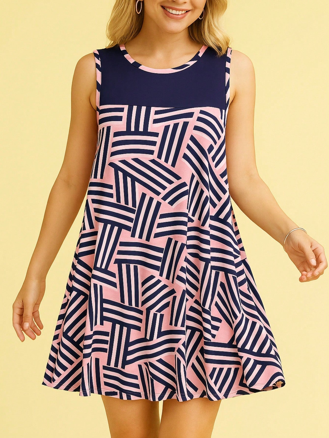Summer Black Sage Pink Stripe Polka Dot Sleeveless Color Block  Patchwork Print Knee Length Swing Dress Small To 3XL Plus