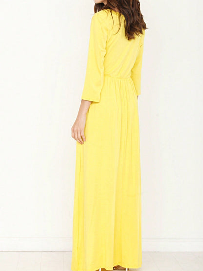 Retro Boho Woven Floral Pink Yellow Maxi Surplice Wrap Sah Dress Front Tie Flutter Sleeve