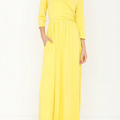 Retro Boho Woven Floral Pink Yellow Maxi Surplice Wrap Sah Dress Front Tie Flutter Sleeve