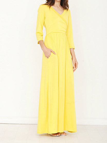 Retro Boho Woven Floral Pink Yellow Maxi Surplice Wrap Sah Dress Front Tie Flutter Sleeve