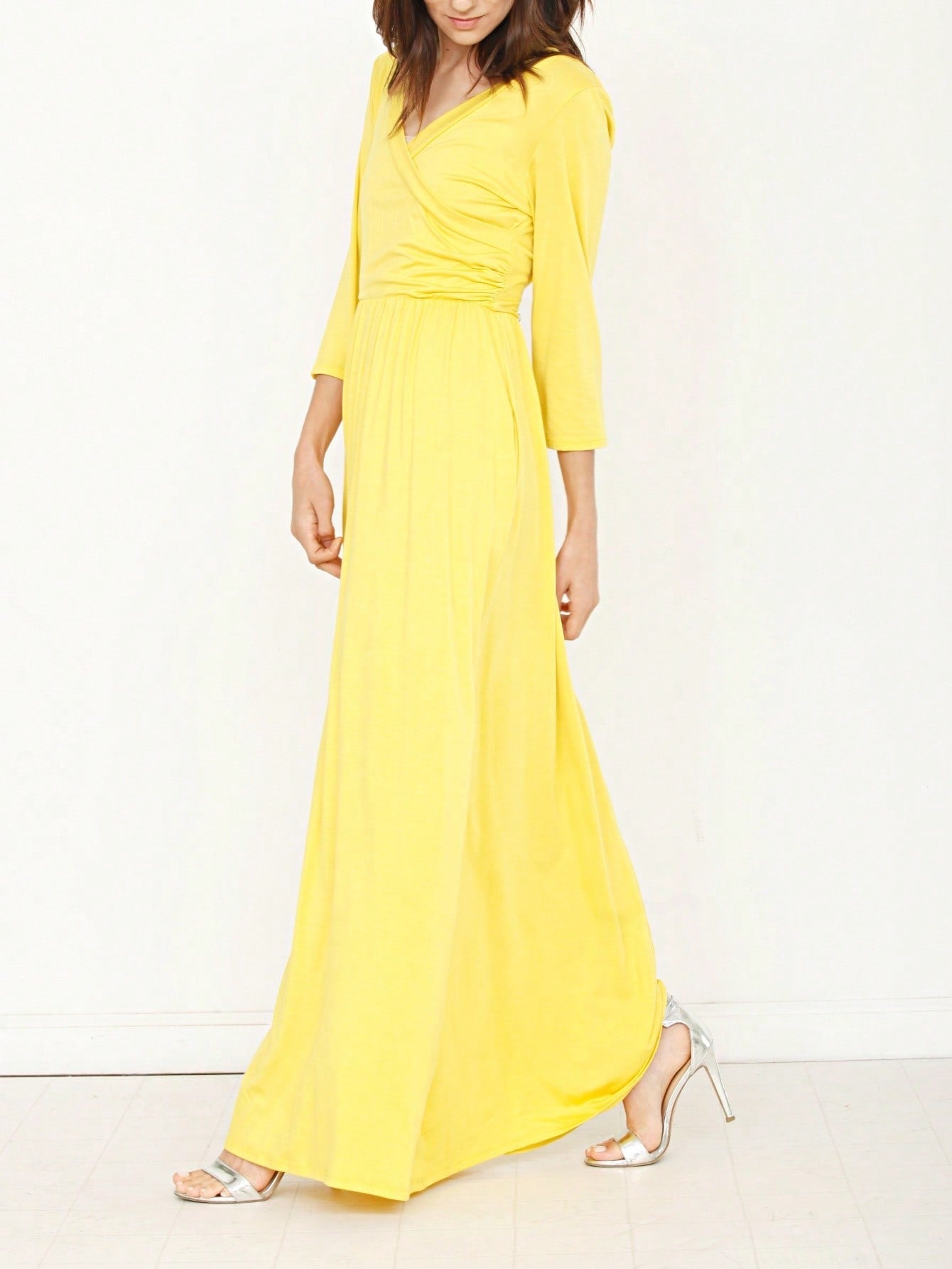 Retro Boho Woven Floral Pink Yellow Maxi Surplice Wrap Sah Dress Front Tie Flutter Sleeve