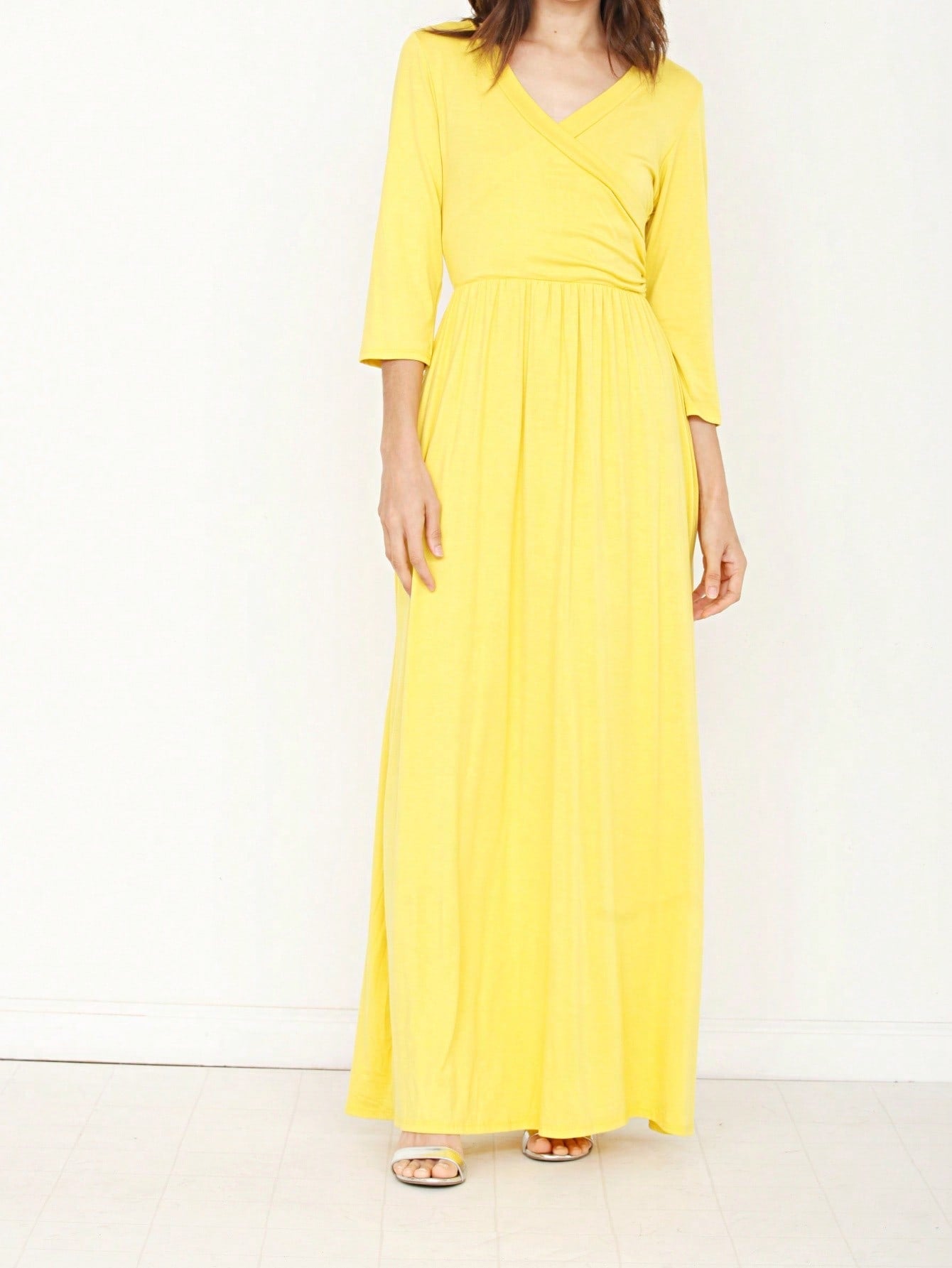 Retro Boho Woven Floral Pink Yellow Maxi Surplice Wrap Sah Dress Front Tie Flutter Sleeve