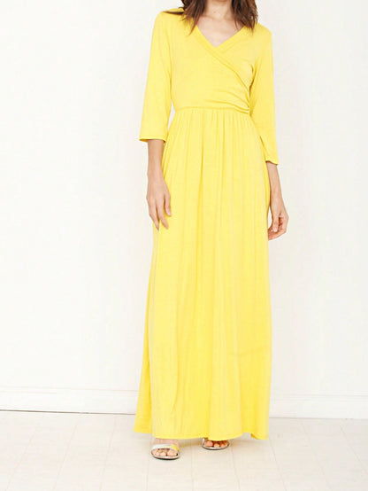 Retro Boho Woven Floral Pink Yellow Maxi Surplice Wrap Sah Dress Front Tie Flutter Sleeve