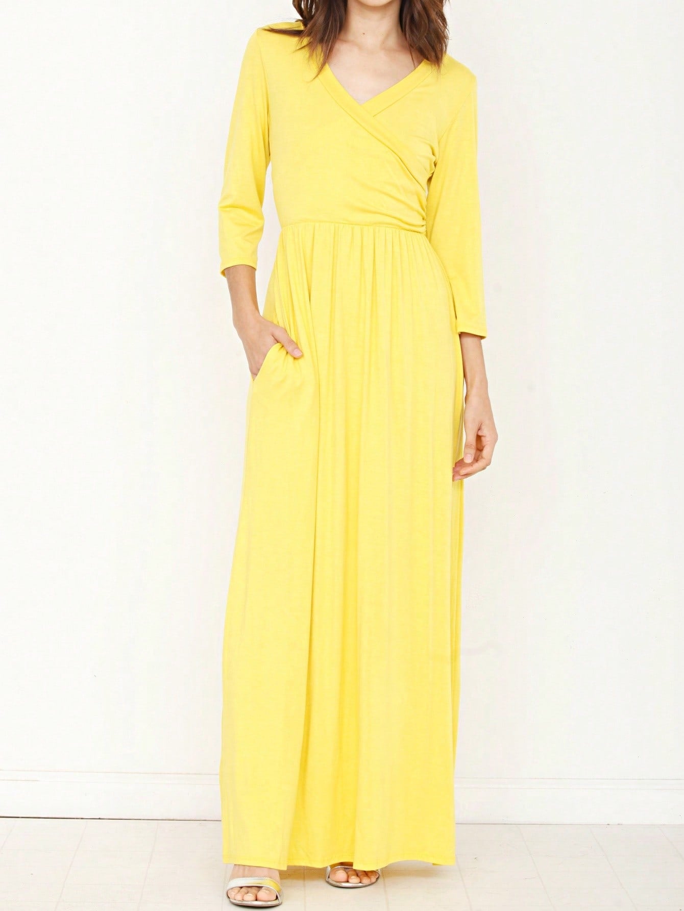 Retro Boho Woven Floral Pink Yellow Maxi Surplice Wrap Sah Dress Front Tie Flutter Sleeve